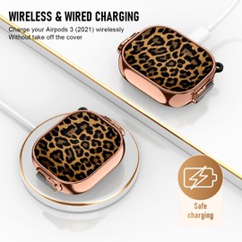 Maxjoy for Cute AirPods 3 Case (2021) with Safety Lock,Compatible Leopard Print AirPod 3rd Generation Case for Women Girly with Keychain-Gold