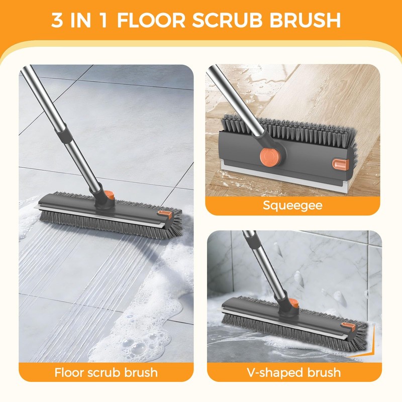 Floor Scrub Brush with Scraper and Stiff Bristle, Grey&Orange