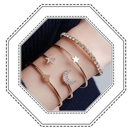 Jovono Women Girls Open End Bangle Bracelet with Rhinestones (4 Pieces), Metal