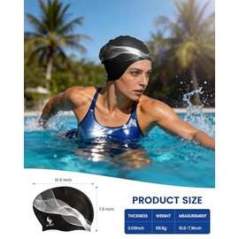 BENICE Gorro de natación extra grande negro para mujeres y hombres, gorro de baño de silicona duradero con protección para las orejas, gorras de natac