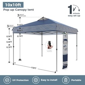 GREEN PARTY 10x10 ft Pop Up Canopy Tent, 1-Person Setup Instant Outdoor Canopy with Vented Top, Wheeled Carry Bag, 4 Ropes & 4 Sandbag -Blue & White Stripes