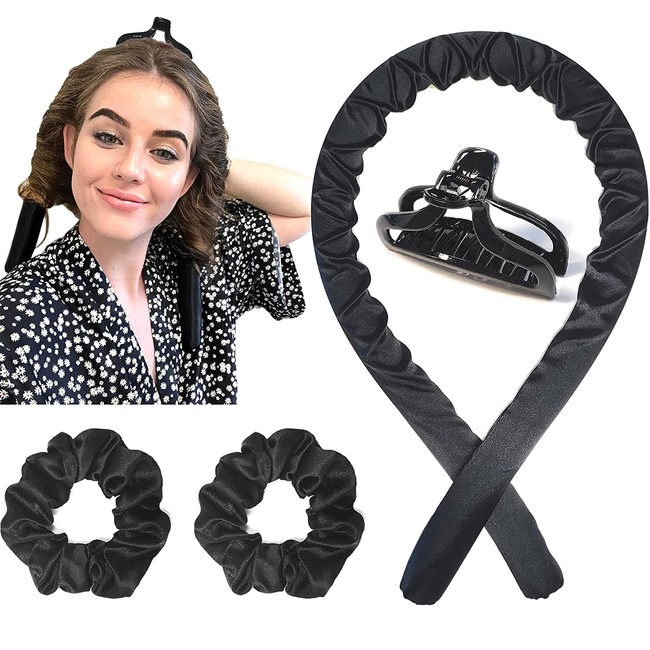 LILIEBE Tik Tok Heatless Hair Curlers, Not Stiff Silk Ribbon Curler for Long Hair, Lazy Hair Curler Set of 4 with 1 Hair Clip and 2 Hair Scrunchies for Women & Girls & Children (Black)