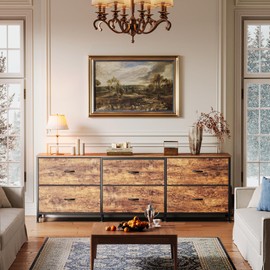 Huuger 63 Inch Long Dresser for Bedroom, 6 Drawer Dresser TV Stand for 55, 65, 70 Inch TV, Entertainment Center with Fabric Storage Drawers, Wide Chest of Drawers, Rustic Brown