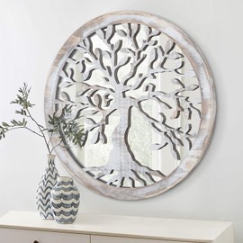 Rustic Farmhouse Round Wall Mirror Tree of Life Decorative Hanging Mirror White Wooden Circle Mirrors for Wall Decor for Bedroom, Bathroom, Living Room or Entryway