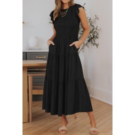 ZESICA Women's 2024 Summer Casual Flutter Short Sleeve Crew Neck Smocked Elastic Waist Tiered Midi Dress,AllBlack,Medium