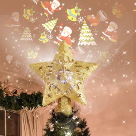 Sanniu Christmas Tree Topper Lighted Star with Rotating LED Santa Projector Light, 3D Glitter Gold Star Christmas Tree Topper Plug in Christmas Projector Lights for Christmas Tree Decorations