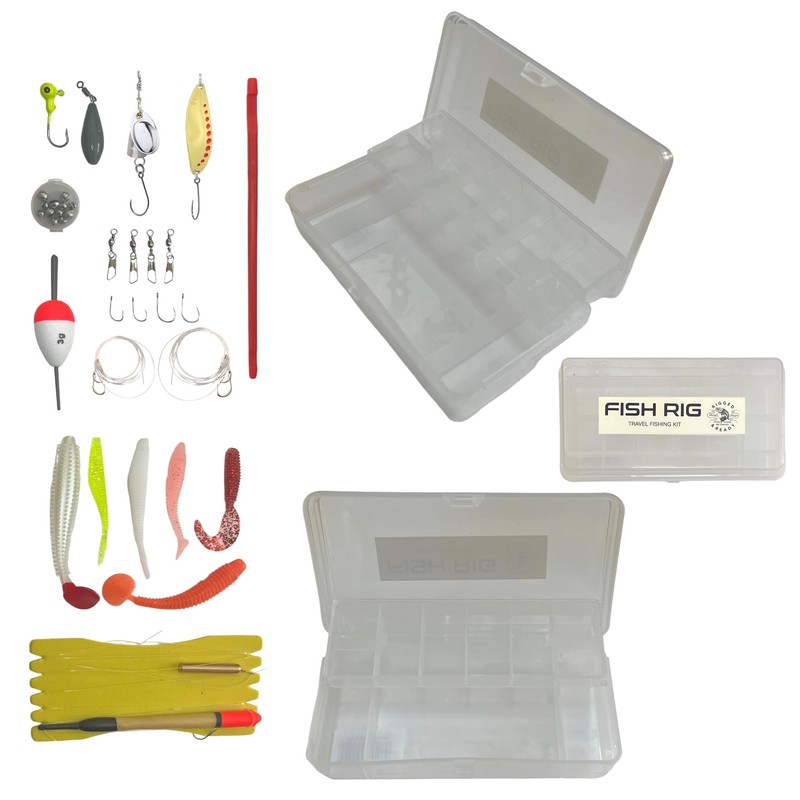 Fish Rig Travel Fishing Tackle Box + Tackle. 30 Essential