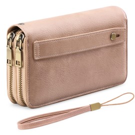 GAEKEAO Purses for Women Double Zipper Phone Clutch RFID Blocking Vegan Leather Wristlet Purse Large Capacity Long Credit Card Holder with Grip Hand Strap