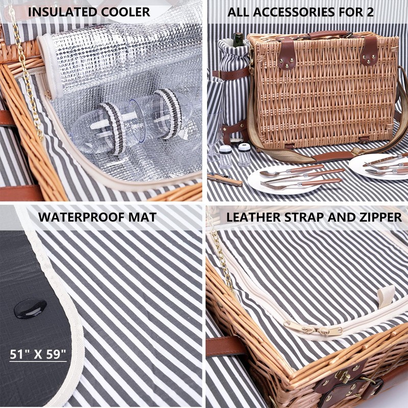 Picnic Basket with Blanket and Wine Pouch for 2 Wicker