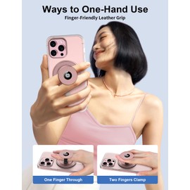 EWA MagOne Ultra (Plate Edition) Phone Grip Stand with Leather Finger Strap, Removable Magnetic Ring Holder Kickstand Loop, Double-Sided Magnetic Accessories for Phone-Rosegold