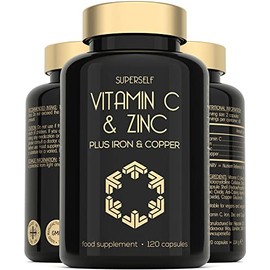 Vitamin C and Zinc Tablets - 1000mg VIT C Enhanced with Zinc, Iron, Copper High Strength - 120 Easy to Swallow Capsules - Vegan Immune System Complex Vitamin C Supplement with Superior Absorption