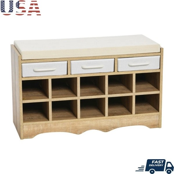 Unbranded Entryway Shoe Storage Bench 10 Cubbies 3 Drawers Cushioned