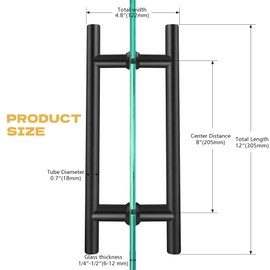 8" Square Shower Door Pull-Push Handle, Compatible with 1/4"(6mm) to 1/2"(12mm) Thick Glass Door, 4.8" W*12" H Door Handle, Matte Black with 304 Stainless Steel