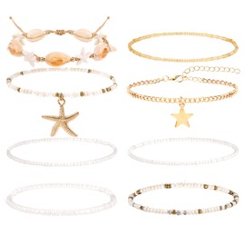 GAFATORY Shell Ankle Bracelets for Women Adjustable Boho Anklets for Women Waterproof Summer Beach Pearl Starfish Conch Foot Jewelry