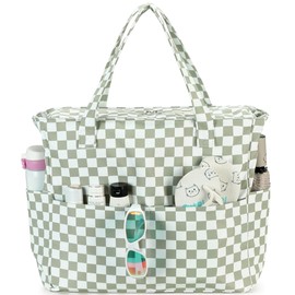 LEDAOU Large Beach Bag with Zip Women's Waterproof Shoulder Bag Tote Bag Shopper Sandproof with Zip Pool Fitness Travel Bag Family, Grass Green White, Utility