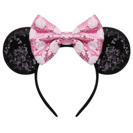 ODOCARE Handmade Mouse Ears Headband for Women and Girls, Polka Dot Bow Minnie Ears Costume Accessories(Shiny Pink White)