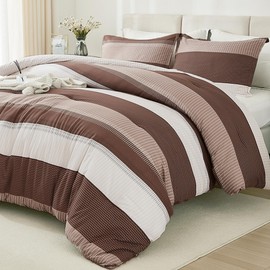 Litanika Brown Comforter Set King - 3 Pieces Lightweight Brown White Colorblock Stripe Fluffy Bedding Comforter Sets, All Season Bed Set
