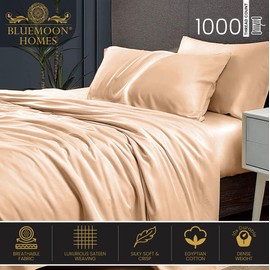 1000 TC Egyptian Cotton Sheets Queen Size - Luxury & Cooling Bedsheets for Hot Sleepers - Breathable, Sateen Weave, 18" Deep Pocket Fitted Sheet - 4 Piece Egyptian Hotel Sheets for Queen Bed (Sand)