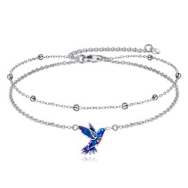 TIGER RIDER Hummingbird Anklet Sterling Silver Layered Anklet Beaded Chain Anklet Blue Hummingbird Braclet Birthday Graduation Gifts for Women Hummingbird Lovers, Medium