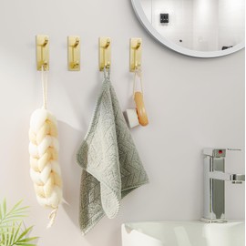 Josmimic Adhesive Towel Hooks: Heavy Duty 12LB Wall Hooks, for Coat/Robe Stick on Bathroom, Gold, 4-Pack, Stainless