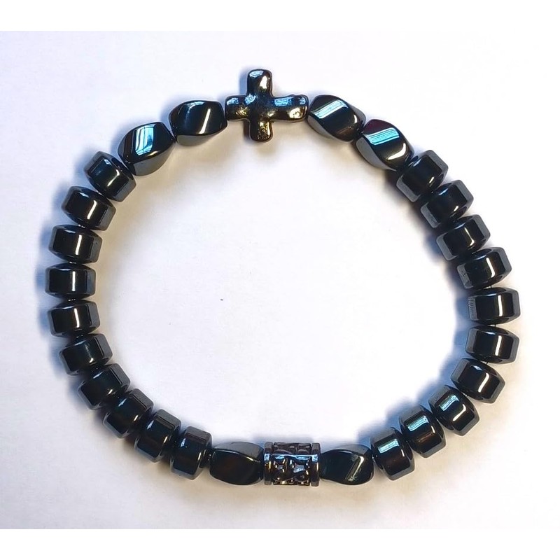 Chic Hematite Beaded Bracelet with Cross Charm