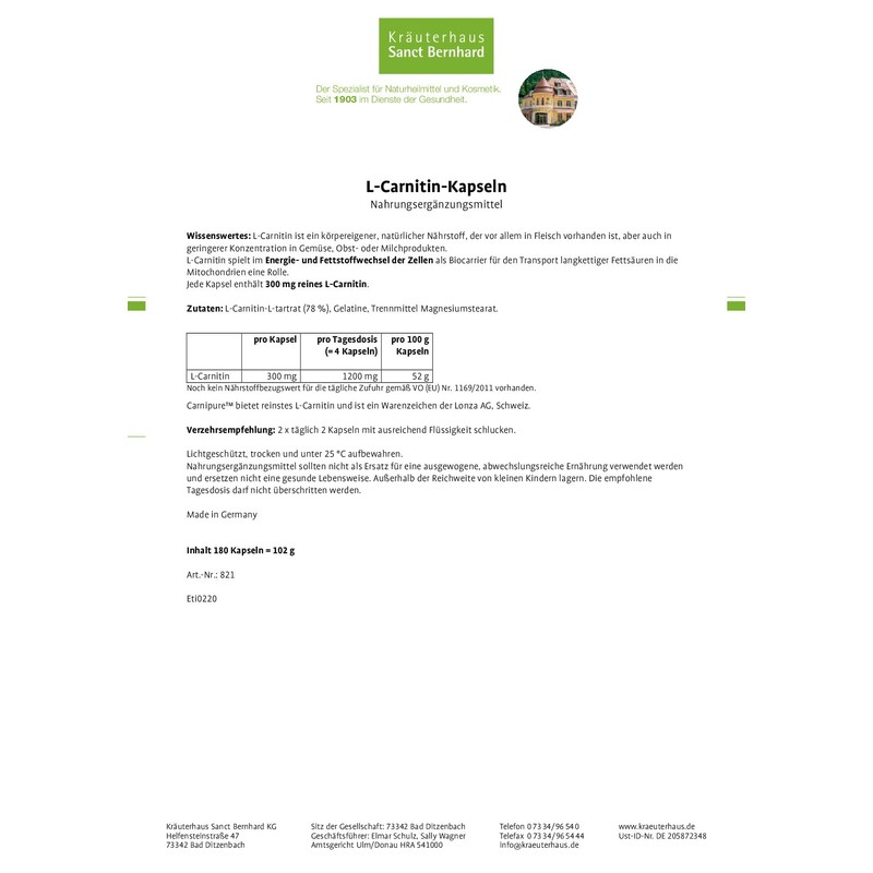 Sanct Bernhard L-Carnitine Capsules 300 mg 180 Capsules