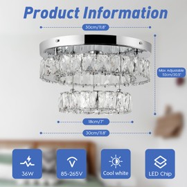 12 Inch Mini Chandelier LED Crystal Ceiling Light 2 Layers Flush Mount Ceiling Light Modern Chandeliers Lighting for Bedroom Hallway Staircase Kitchen Bathroom (6000K Cool White)