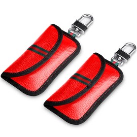 VAWcornic 2 Pack Faraday Bag for Car Key Fob, Genuine Leather Car Key RFID Signal Blocking Pouch Keyless Signal Block Key Case for Car Security, Anti-Theft Remote Entry Smart Fob Protection - Red