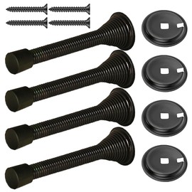 4 Pack Spring Door Stop Black 85mm Metal Door Stoppers with Screws Base Plate Rubber Bumper Tips for Protect Walls and Doors