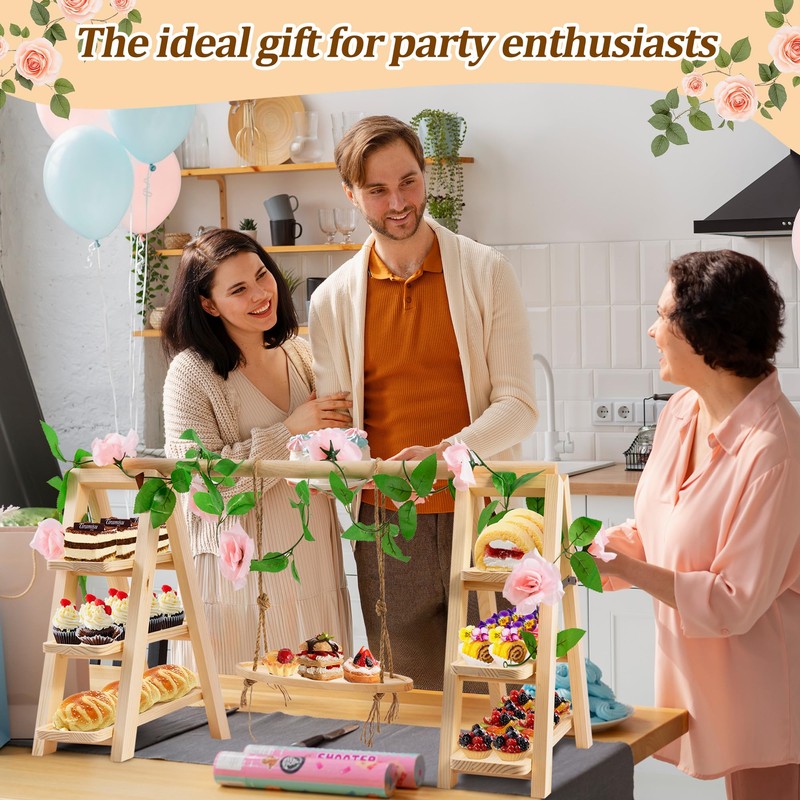3 Tier Wooden Cupcake Stand with Swing and Flower Decoration