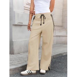 Fisoew Womens Wide Leg Pants Drawstring High Waisted Striped Baggy Palazzo Track Pants with Pockets Light Khaki