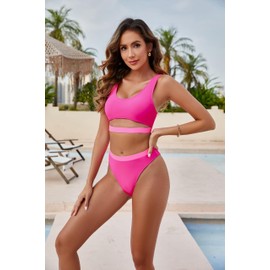 Blooming Jelly Women's High Waisted Bikini Sets High Cut Bathing Suits Two Piece Sporty Cut Out Swimsuits (Medium, Color Block Hot Pink)