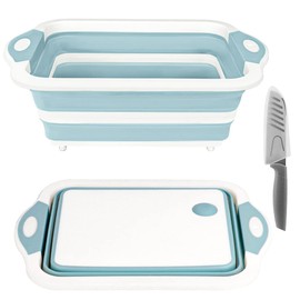 Collapsible Cutting Board, Foldable Chopping Board with Colander, Multifunctional Kitchen Vegetable Washing Basket Silicone Dish Tub for BBQ Prep/Picnic/Camping(Light Blue)
