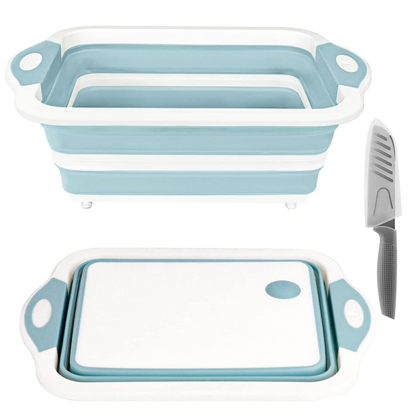 Collapsible Cutting Board, Foldable Chopping Board with Colander, Multifunctional Kitchen Vegetable Washing Basket Silicone Dish Tub for BBQ Prep/Picnic/Camping(Light Blue)