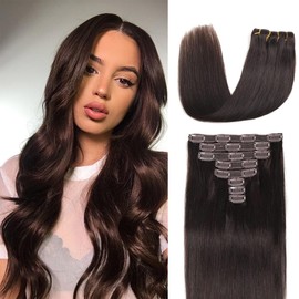 Clip in Hair Extensions Real Human Hair Straight Real Remy Human Hair 8pcs 100g Double Weft Remy Real Human Hair Clip in Extensions (#2 Dark Brown, 16 Inch)