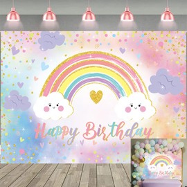 Rainbow Happy Birthday Backdrop Colorful Pastel Rainbow Cloud Photography Background Girl Women Birthday Party Baby Shower Decorations Banner (6X4FT (180x120cm))