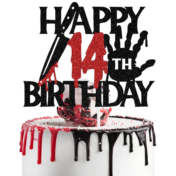 Decoración para tartas de cumpleaños de 14 cumpleaños con purpurina negra, decoración de cumpleaños con temática de terror de Halloween, decoración de fiesta de cumpleaños de 14 cumpleaños