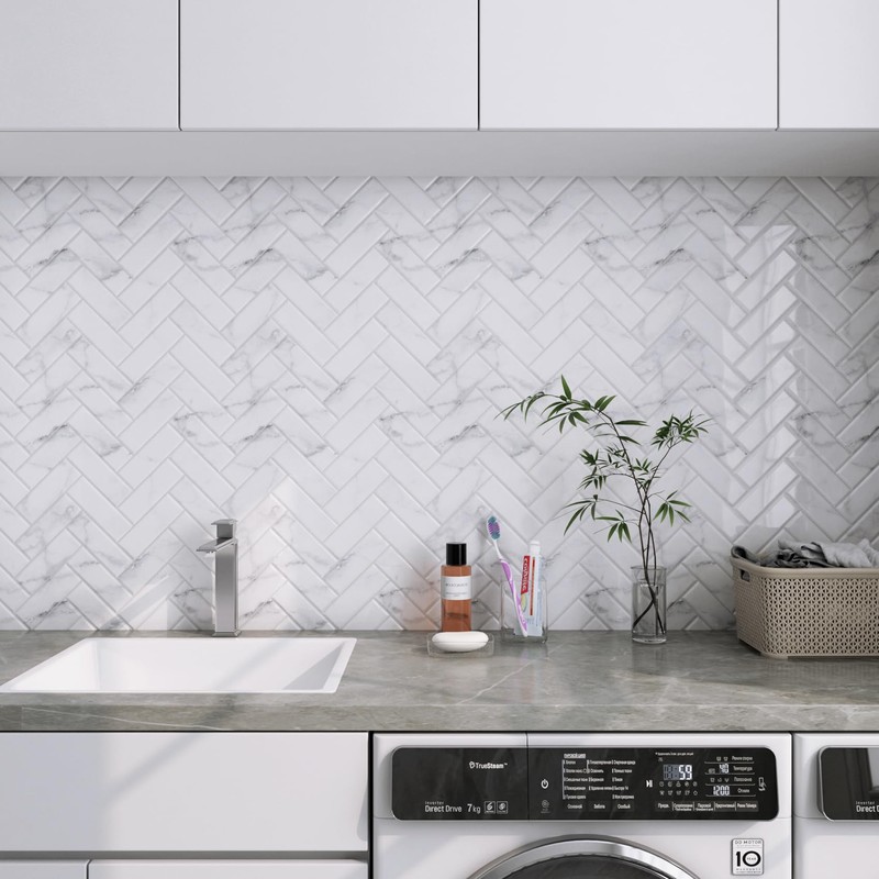 LaCheery 18 Tiles 12"x12" Marble Herringbone Peel and Stick Backsplash