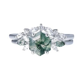 Moss Agate Floral Cluster Stackable Ring | Gemstone & Rhodium Plated Ring | Sterling Silver Rings for Women | Stackable Rings for Women | Gemstone Collection Bands | Non Tarnish Collection Bands