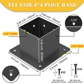 4x4 Post Base, 4Pcs Post Brackets (Inner Size 3.5"x3.5") Heavy Duty Steel Fence Post Anchor for Wood Deck Porch Railing Pergola Mailbox Support Black Powder-Coated