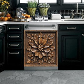 Dishwasher Magnet Cover Vintage Art Floral Magnetic Refrigerator Panel 3D Carved Flower Style Decorative Vinyl Fridge Sticker Home Dishwasher Decor (CC2503MI18-2,23" x 26" Magnetic)