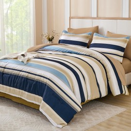 WONGS BEDDING King Size Comforter 7 Pieces, Khaki and Blue King Comforter Set with Sheets, Striped Bed in a Bag Boho Lightweight Bedding Set for All Seaon (104"x90")