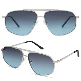SOJOS Classic Retro Aviator Sunglasses for Women Men Vintage Hexagonal Metal Frame UV400 Lenses SJ1200, Silver/Gradient Blue