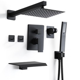 RTOBWEYE 8 Inch Shower Faucet Set, Rainfall Shower System with High Pressure Handheld Shower Head, Bathroom Mixer Shower Set Wall Mounted Rough-in Valve and Trim Kit, with Tub Spout