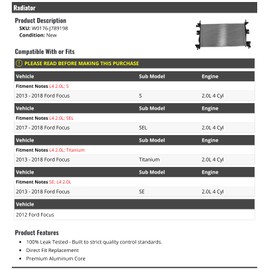 Radiator - Compatible with 2012-2018 Ford Focus 2.0L 4-Cylinder