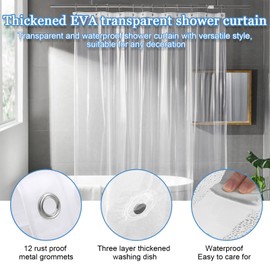 Anti-Mould Waterproof Shower Curtain, Natural Lighting, Transparent Shower Curtain, EVA Shower Curtain with 12 Metal Eyelets and 3 Weight Magnets, Quick-Drying Curtain for Bathroom (180 x 180 cm)