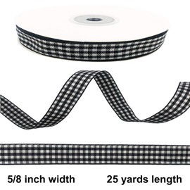 Black Gingham Ribbon 5/8", 25Yd Roll Picnic Craft Ribbon Black Buffalo Ribbon for Crafts Hair Accessories Craft and Christmas Gift Wrapping, 5/8 Inch Polyester Woven Edge Ribbon + 60" Tape Measurement