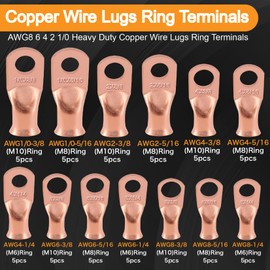 Ruikarhop 130PCS Battery Cable Ends Kit,AWG8 6 4 2 1/0 Heavy Duty Copper Wire Lugs Ring Terminals，BN8-BN60 Non Insulated Butt Connectors Kits with 130PCS 3:1 Heat Shrink Tubing