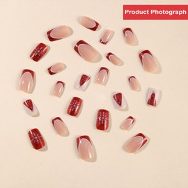 Christmas Press on Nails Medium,Cute Square Xmas False Nails with Christmas Tree and Snowflakes Design,Glitter Red Edge Fake Nails,Festival French Manicure for Women or Girls