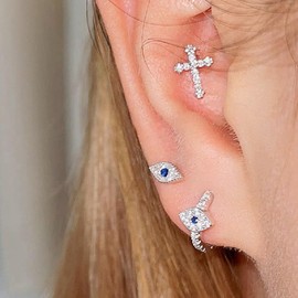 Small Evil Eye Stud Earrings for Women Girls 925 Sterling Silver Earrings Cartilage Tragus Stud Piercing, Sterling Silver